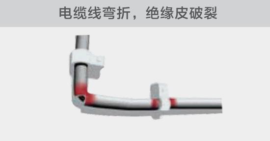 在安裝過程中，由于電線的彎曲半徑過小，或是線夾過緊，導致線纜絕緣皮破裂，產生電弧隱患